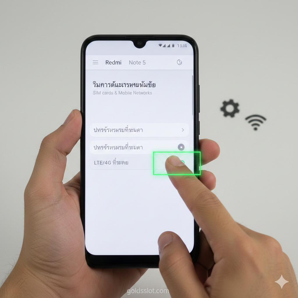 一张第一人称视角的教程演示图，画面展示一只手握着Redmi Note 5，屏幕清晰显示着MIUI系统的'SIM卡与移动网络'设置界面。手指正点击在'首选网络类型'选项上，并在旁边用亮绿色的UI浮层高亮显示'LTE/4G优先'的选项。画面简洁明亮,重点突出屏幕操作细节,旁边伴有微小的齿轮图标 dan Wi-Fi信号图标,指导用户 bagaimana 配置 terbaik jaringan settings.