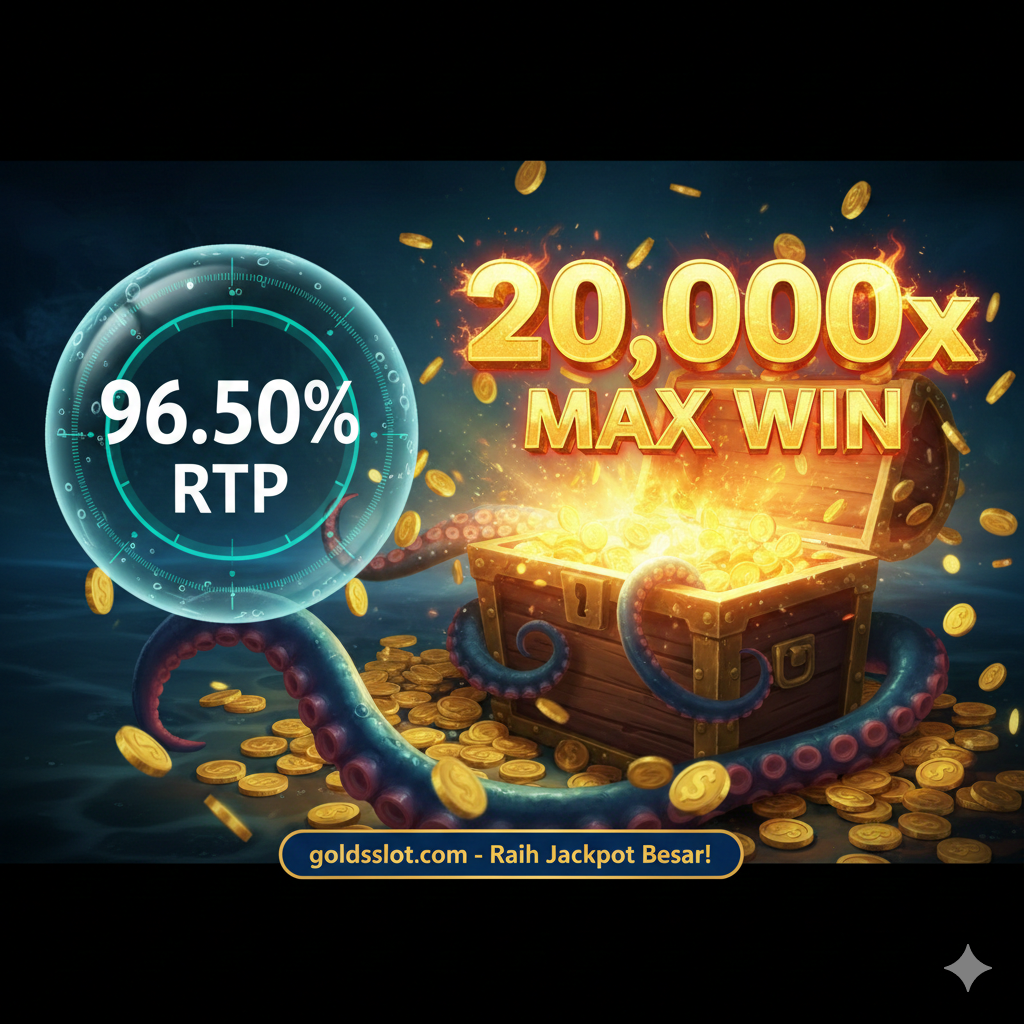 Gambar keunggulan yang menyoroti angka-angka kunci: RTP dan Max Win. Di sisi kiri, tampilkan angka '96.50% RTP' di dalam gelembung air atau layar sonar. Di sisi kanan, tampilkan angka '20.000x MAX WIN' yang sangat besar dan berapi-api (efek jackpot). Di latar belakang, hadirkan visual Treasure Chest (Peti Harta Karun) yang terbuka dan memancarkan cahaya emas, dikelilingi oleh koin yang berjatuhan. Gunakan elemen visual situs 'goldsslot.com' secara subtil, mungkin melalui watermark kecil atau banner di bagian bawah yang berfokus pada peluang jackpot.