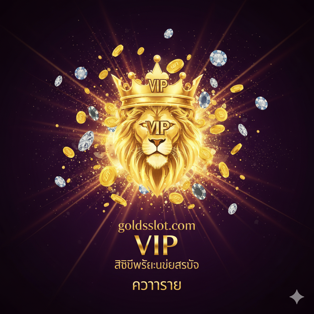 一张引人注目の封面图，主题为'RICH SLOT VIP'。主视觉是一个闪耀的金色狮子头王冠或VIP标志，周围环绕着爆炸性的金币、筹码和钻石。背景是深紫色或黑色，突出金色和红色元素，营造出奢华和高贵的氛围。构图居中，王冠下方可以有微小的泰文'goldsslot.com'และ'สิทธิพิเศษเหนือระดับ' (สิทธิพิเศษเหนือระดับ) 以增加品牌感和文章主题，强调'VIP'和'ความรวย' (ความร่ำรวย)。