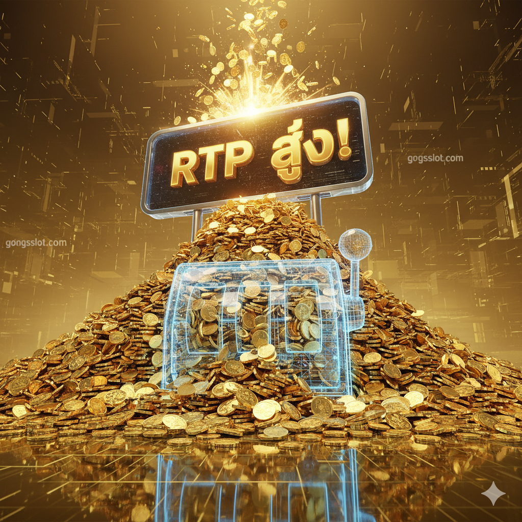 ภาพกราฟิกแสดงถึง 'ข้อได้เปรียบ' ของสล็อตออนไลน์ goldsslot.com ที่เหนือกว่าตู้จริง องค์ประกอบหลักคือเหรียญทองจำนวนมหาศาลที่กองสูงท่วมหัว (A Pile of Gold Coins) พร้อมป้ายดิจิทัลขนาดใหญ่ที่แสดงตัวเลข 'RTP สูง!' และมีสัญลักษณ์แจ็คพอต (Jackpot Symbol) ระเบิดออกมาจากด้านบน ใช้เทคนิคการถ่ายภาพแบบมุมมองต่ำ (Low-angle shot) เพื่อเน้นขนาดและความยิ่งใหญ่ของรางวัล สื่อถึงการจ่ายเงินรางวัลที่โปร่งใสและ 'สูงกว่า' ของสล็อตออนไลน์เมื่อเทียบกับตู้สล็อตแมชชีนจริง