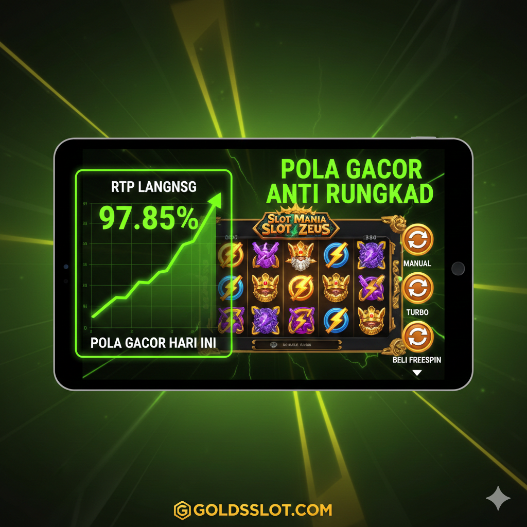 Visual yang menggabungkan elemen panduan dan strategi. Tampilkan diagram sederhana berbentuk tablet atau smartphone yang menjalankan game Slot Mania Zeus. Di samping layar game, hadirkan overlay visual berupa grafik 'RTP Live' dengan garis hijau yang menanjak mencapai persentase tinggi (misalnya 97.85%). Gunakan ikon putaran (spin) dengan panah-panah yang menunjukkan 'Pola Gacor Anti Rungkad' (Manual, Turbo, Buy Freespin). Warna harus kontras, dominasi hijau neon dan emas, untuk menonjolkan informasi strategis yang diberikan. Ini berfungsi sebagai panduan visual untuk bagian 'Strategi Gacor Hari Ini'.