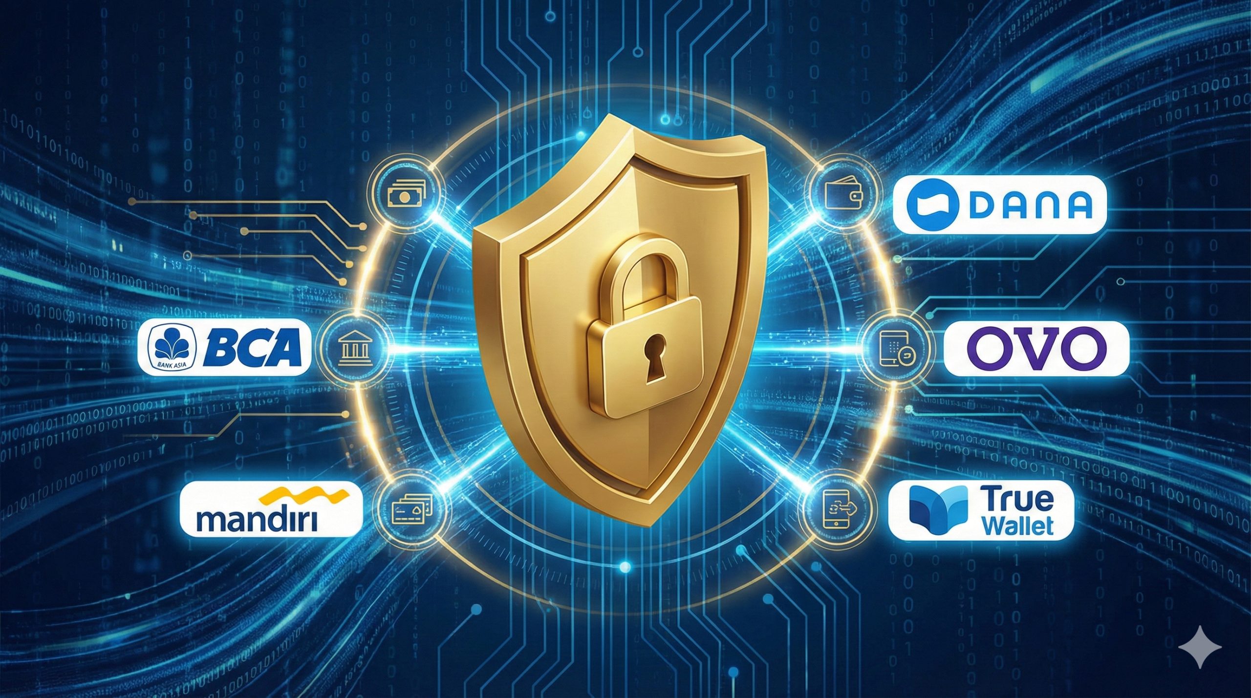 象征安全与便捷支付的概念图。画面中央是一个坚固的金色3D盾牌，上面有锁的图标，代表数据加密技术。盾牌周围环绕着印尼本地银行（BCA, Mandiri）和电子钱包（DANA, OVO, True Wallet）的图标，通过光线连接，象征着快速且安全的资金流动。背景是抽象的数据流矩阵，使用值得信赖的深蓝色调，增强用户对平台安全性的信心。