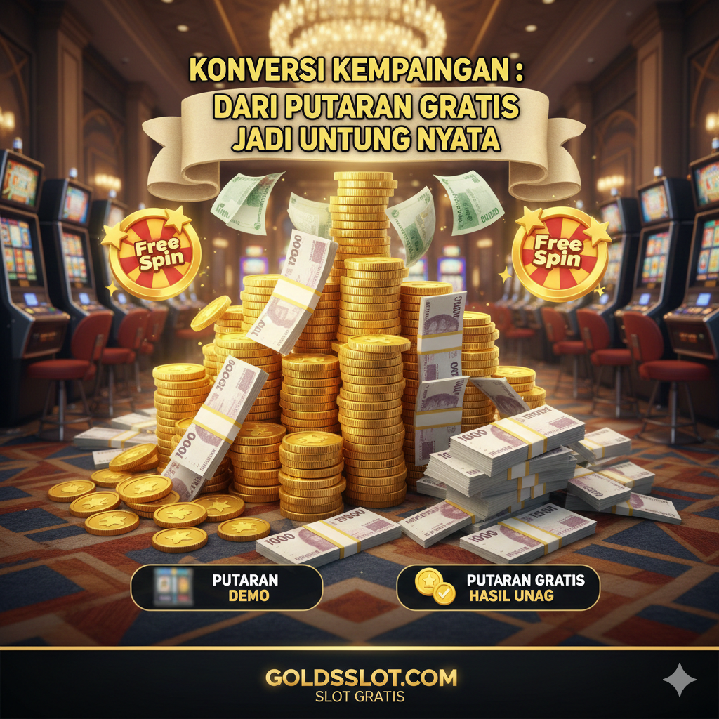 Gambar yang membandingkan dua konsep 'Free'. Di sisi kiri, tampilkan ikon chip kasino virtual dengan teks 'DEMO' dan tanda silang pada ikon 'Uang Nyata', melambangkan bermain murni untuk hiburan. Di sisi kanan, tunjukkan tumpukan koin emas yang realistis dengan ikon 'Free Spin' atau 'Bonus' yang besar dan bersinar, dan tanda centang pada ikon 'Uang Nyata', melambangkan potensi konversi (Bonus New Member). Di tengah, harus ada panah yang menghubungkan keduanya, menyiratkan bahwa goldsslot.com menawarkan jalur dari 'slot free slot games' murni ke penawaran Free Spin yang sesungguhnya. Warna dominan adalah emas dan hijau untuk menunjukkan nilai dan keuntungan finansial.