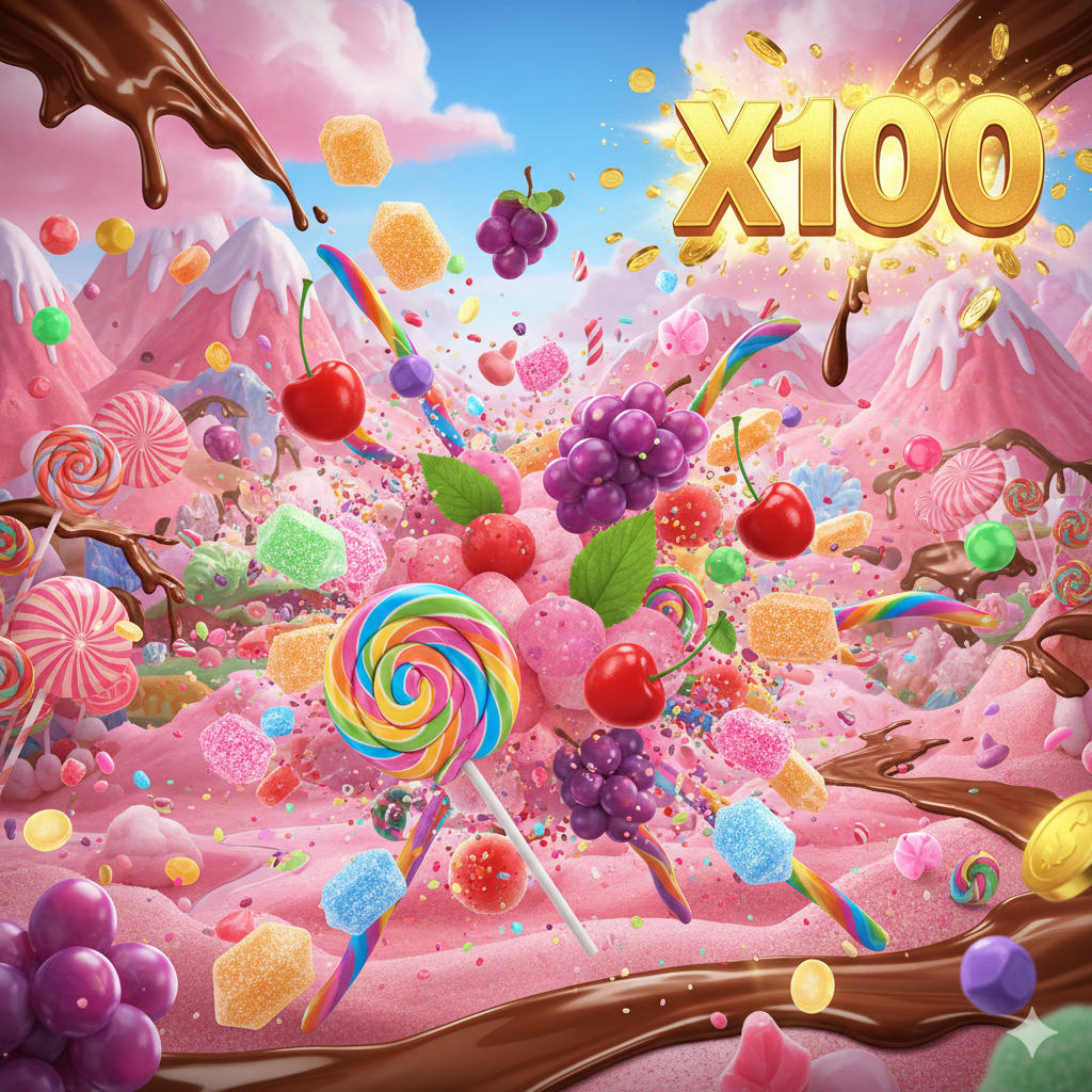 Desain visual yang cerah dan memikat sebagai sampul. Menampilkan latar belakang dunia permen dan buah-buahan yang fantastis (mirip Willy Wonka atau Sweet Bonanza), dengan fokus utama pada simbol-simbol 'fruity candy' yang ikonik seperti ceri, anggur, lolipop raksasa, dan permen kristal. Di tengah, tampilkan logo atau judul game 'Slot Fruity Candy Gacor' dengan efek kilau emas. Tambahkan elemen kaskading (tumble) yang sedang meledak dan angka 'X100' Multiplier besar di sudut untuk menonjolkan potensi kemenangan besar. Gaya visual 3D yang sangat detail dan berwarna-warni dengan pencahayaan dramatis.