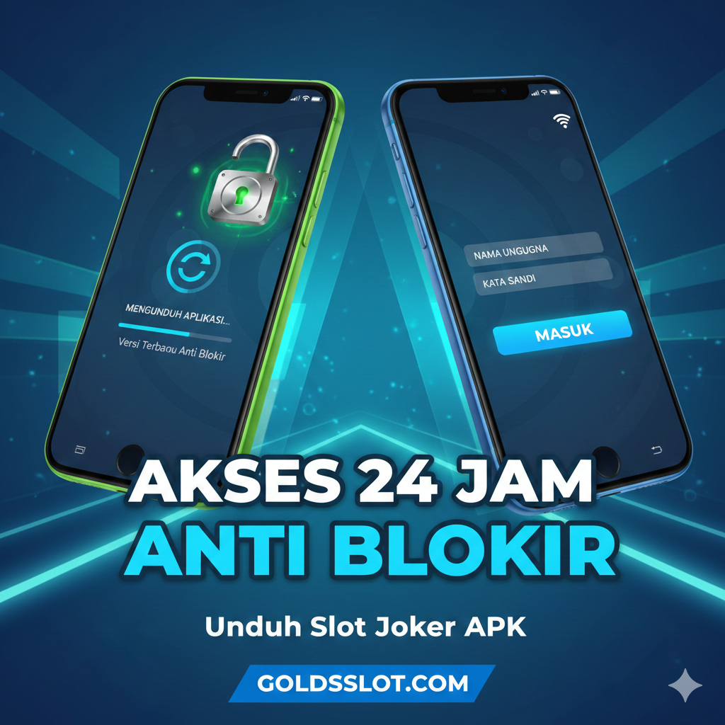 Gambar yang menyoroti fitur utama 'Download Slot Joker APK Terbaru Anti Blokir'. Tampilkan dua smartphone (satu Android, satu iOS) dengan layar yang menunjukkan antarmuka aplikasi Joker Gaming. Salah satu smartphone menunjukkan proses 'Downloading', sementara yang lain menunjukkan layar 'Login' yang stabil. Gunakan warna biru cerah dan hijau untuk menonjolkan aspek teknologi dan 'anti blokir'. Sisipkan ikon gembok yang terbuka dan simbol Wi-Fi penuh, menegaskan akses yang mulus dan aman (anti blokir). Teks kunci 'Akses 24 Jam Anti Blokir' harus terlihat jelas.