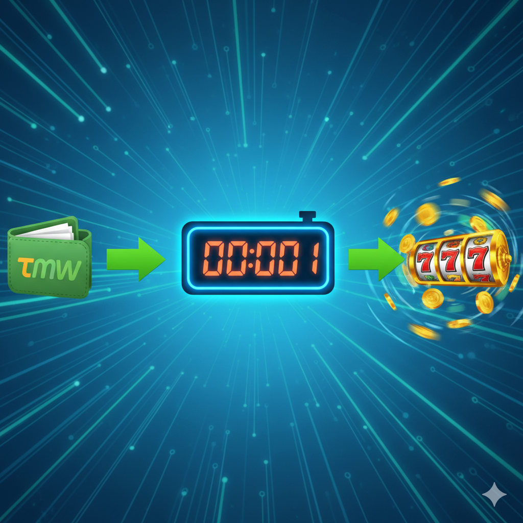 ภาพแสดงคุณสมบัติเด่นเรื่องความเร็วของ 'สล็อตวอเลท ออโต้' (Auto Slot Wallet) โดยใช้ภาพกราฟิกที่มีองค์ประกอบของนาฬิกาจับเวลาดิจิทัลที่แสดงผล '1 วินาที' เป็นศูนย์กลาง มีลูกศรสีเขียวขนาดใหญ่พุ่งตรงจากโลโก้ TrueMoney Wallet ไปยังสัญลักษณ์ของเกมสล็อต/เหรียญทองอย่างรวดเร็ว พื้นหลังเป็นลายเส้นแสงความเร็วสูง (speed lines) หรือวงจรดิจิทัล แสดงถึงระบบอัตโนมัติ (Auto) ที่ทำงานรวดเร็วและต่อเนื่อง โทนสีเน้นความสดใสของสีฟ้า-เขียว และสีส้ม-แดงของตัวเลข เพื่อสื่อถึงความทันสมัยและความรวดเร็วเหนือใคร