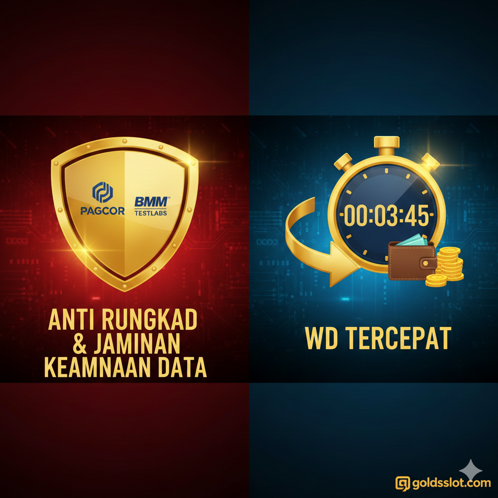 Gambar yang menonjolkan keunggulan 'Anti Rungkad' dan 'WD Tercepat'. Komposisi terbagi dua: di satu sisi, sebuah perisai mengkilap (Shield) dengan lambang lisensi (PAGCOR/BMM Testlabs) untuk menunjukkan 'Anti Rungkad' dan 'Jaminan Keamanan Data'. Di sisi lain, sebuah jam digital yang menunjukkan waktu cepat (misalnya 3-5 menit) dengan panah besar mengarah ke ikon uang tunai atau dompet digital, melambangkan 'WD Tercepat'. Gunakan warna yang kuat, seperti merah dan emas, untuk menciptakan kesan otoritas, keandalan, dan kecepatan transaksi yang tak tertandingi.