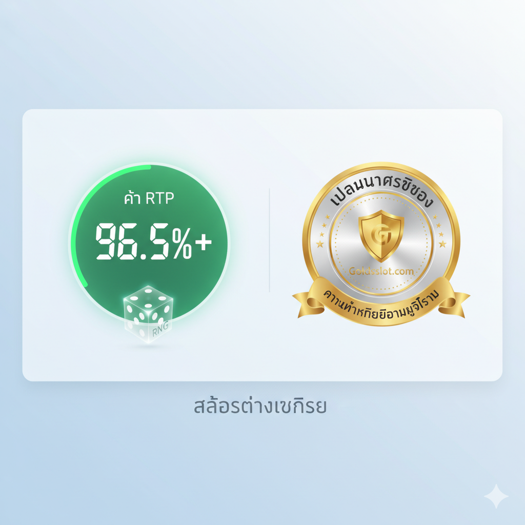 ภาพเน้นคุณสมบัติหลักด้านความน่าเชื่อถือและความยุติธรรม (Fairness and Trust). แสดงแผงข้อมูลดิจิทัลที่สะอาดตา (clean digital dashboard) โดยมีวงกลมใหญ่แสดงค่า RTP 96.5%+ ที่เรืองแสงสีเขียว พร้อมสัญลักษณ์ RNG (Random Number Generator) เป็นลูกเต๋าดิจิทัลที่โปร่งใส อีกด้านมีตราสัญลักษณ์ใบอนุญาต (License Badge Icon) ที่ถูกประทับตรารับรอง (Certified) ด้วยสีทอง/เงิน เช่นตราของ Curacao หรือ MGA. ใช้พื้นหลังสีฟ้าอ่อนและขาวเพื่อสื่อถึงความโปร่งใส (transparency) และเป็นมืออาชีพ