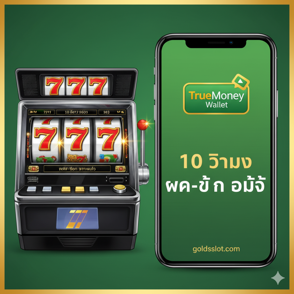 展示“快速自动存取款”和“True Wallet”功能的图片。画面左侧是一个经典的七喜老虎机屏幕，上面清晰地显示着三个金色的“777”符号。右侧是一个带有TrueMoney Wallet标志的手机屏幕，屏幕上显示着“10 วินาที” (10秒) 和“ฝาก-ถอน ออโต้” (自动存取款)的泰语字样。色彩明亮，使用绿色和金色突出True Wallet的便捷和金钱主题，强调goldsslot.com支持快速无缝的移动支付体验。