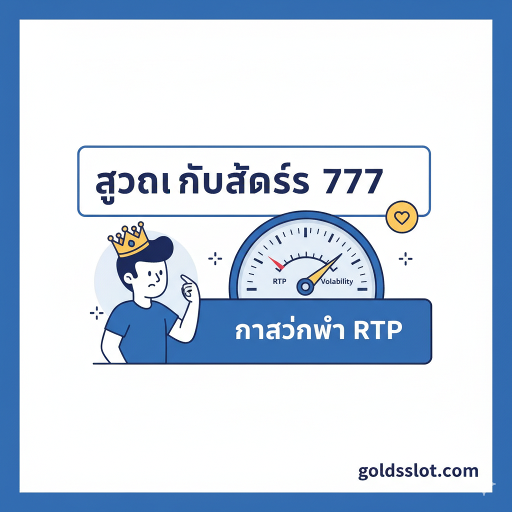 一张关于“技巧/教程”的图表信息图风格图片。画面中展示了一个带有“RTP”和“Volatility”指标的指南针或仪表盘。一个戴着王冠的卡通人物（代表玩家）正在研究这些指标。旁边有泰语文字“สูตรเล่นสล็อต 777” (Slot 777 玩法秘籍) 和“การอ่านค่า RTP” (阅读 RTP 值)。构图简洁，信息量大，使用蓝色和白色作为基调，营造出专业、可信赖的指导感。