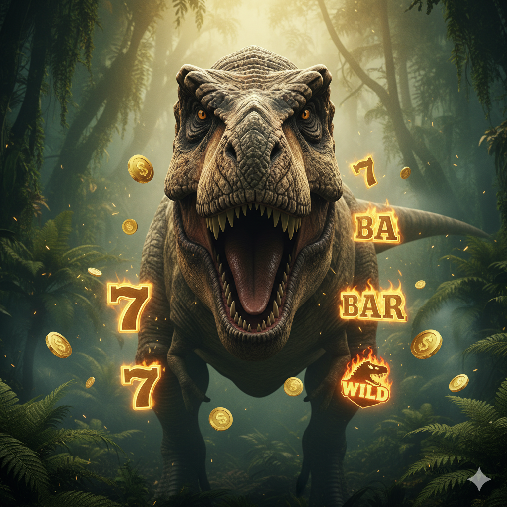 一张吸引眼 глаз的封面图，主题为'Slot Dinosauri'。主视觉是一个巨大的、威严的T-Rex咆哮的特写，背景是蒸汽弥漫、充满古老蕨类植物的侏罗纪丛林。T-Rex身体周围环绕着金色的硬币和老虎机符号（如7s, Bars, 和Wild符号），突出“老虎机”和“金钱”的主题。整体色调采用深绿、棕和金色的高对比度组合，营造出刺激和史诗般的氛围。构图上，T-Rex占据画面中心，视线聚焦在恐龙的眼睛，以增强视觉冲击力。图片风格应是高质量的3D渲染，带有电影级的光影效果。