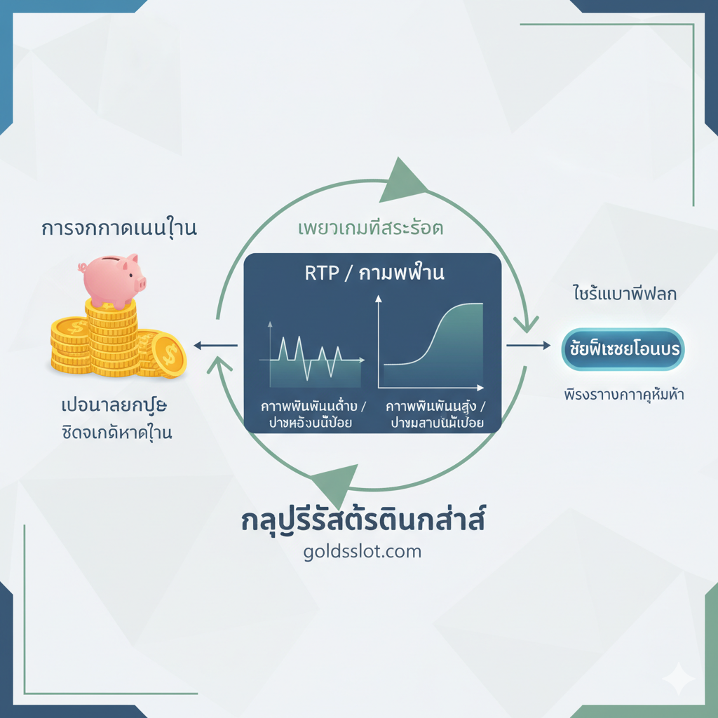 一张关于'老虎机策略和资金管理'的教程图。图片应具有清晰的教育指导风格。主画面包含三个核心元素：一个代表'资金管理'的堆叠硬币或存钱罐、一个代表'RTP/波动性'的曲线图（一侧标注Low Volatility/小额频繁，另一侧标注High Volatility/大额稀有）、以及一个代表'买入特色功能(Buy Feature)'的闪烁按钮。整体色调应偏向专业和冷静的蓝/白/绿，使用箭头和流程图元素来引导用户的视觉，突出逻辑和计划性，而非纯粹的运气。图片应让人联想到成功的投资策略。