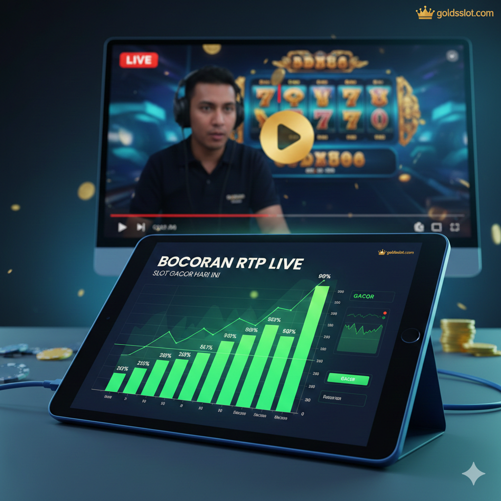 Visual yang menggambarkan fungsi pencarian 'Bocoran RTP Live' melalui konten video. Gambar harus menampilkan layar smartphone atau tablet yang menunjukkan grafik statistik RTP (persentase naik 90%+) dengan garis-garis hijau yang menunjukkan periode 'Gacor'. Di latar belakang, terlihat sekilas layar monitor komputer yang menayangkan live streaming slot (dengan elemen ikon 'Live' merah), menyiratkan koneksi antara video dan data RTP aktual. Palet warna didominasi oleh biru teknologi, hijau data, dan sedikit emas. Gambar ini menekankan aspek strategis dan informatif dari 'Slot Tube' sebagai alat bantu.