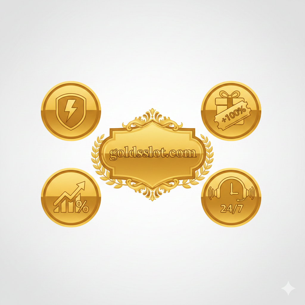 Visual yang secara eksplisit mempromosikan keuntungan bermain di goldsslot.com. Komposisi harus menonjolkan logo goldsslot.com (jika ada, atau placeholder yang mirip), dan menampilkan empat ikon keunggulan dalam format yang menarik: Ikon Kecepatan/Kilat (untuk 'Transaksi Kilat'), Ikon Persentase/Grafik Naik (untuk 'RTP Tertinggi'), Ikon Hadiah/Kupon (untuk 'Bonus New Member 100%'), dan Ikon Headset/24 Jam (untuk 'Dukungan 24/7'). Latar belakang harus terang dan bersih (putih atau emas muda) untuk kontras dengan tema gelap Succubus, dengan elemen emas yang mewah untuk menyampaikan kepercayaan dan kualitas.