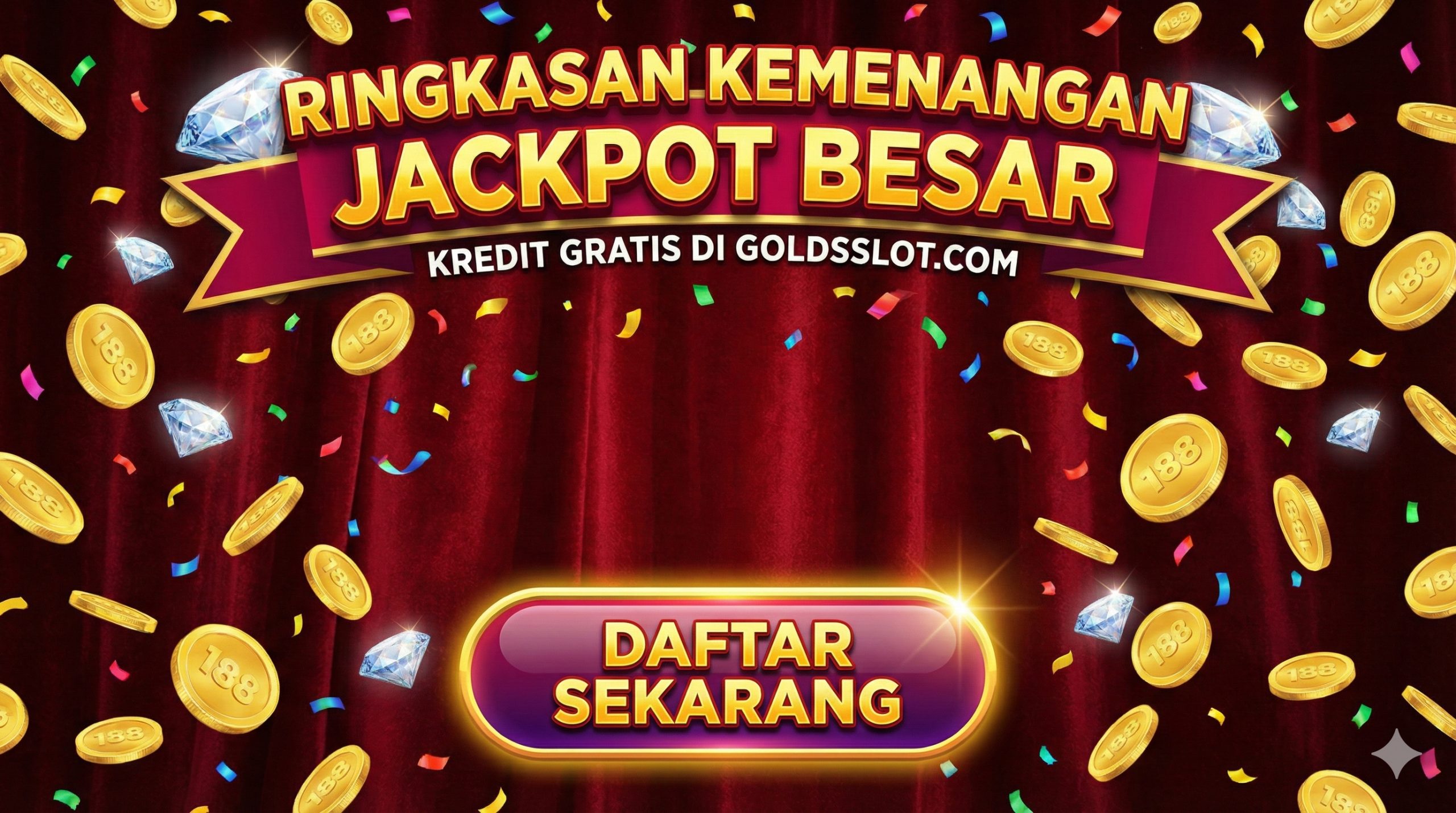 充满节日气氛和胜利喜悦的总结图片。画面描绘了'Jackpot'大奖爆发的瞬间，金币、五彩纸屑和钻石如雨点般落下，背景是深红色的天鹅绒质感。前景有一个醒目的发光按钮设计，暗示'立即注册'的行动号召。数字'188'巧妙地融入背景的金币纹理中，再次提醒用户不要错过免费的幸运启动资金，激发用户的行动欲望。