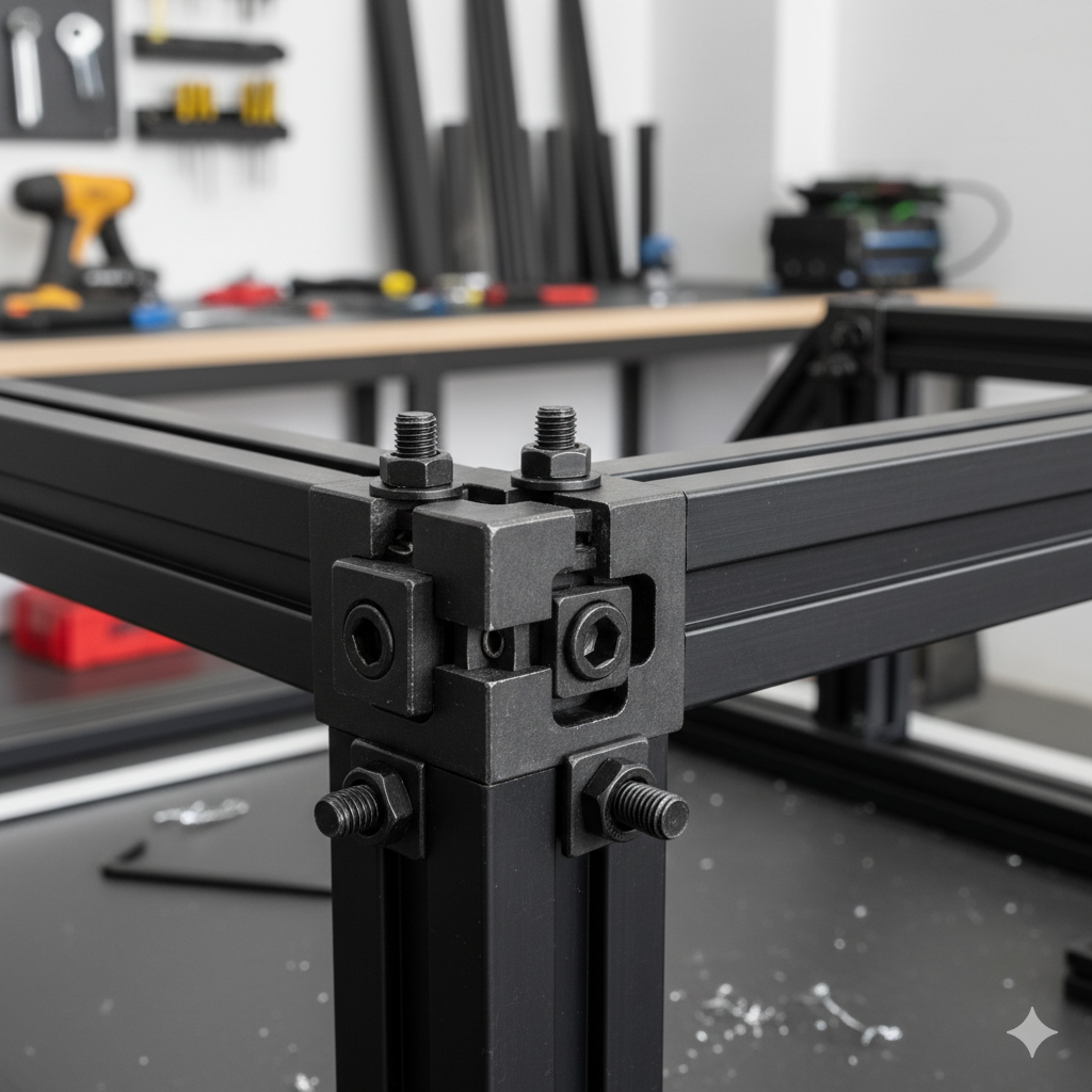 ภาพสรุปที่แสดงฉากการใช้งานจริงเพื่อกระตุ้นความต้องการซื้อ ภาพแสดงมุมของโครงสร้างเครื่องแกะสลัก CNC DIY หรือโต๊ะทำงานที่แข็งแรง สร้างขึ้นโดยใช้อลูมิเนียมโปรไฟล์ 40 Series (40 Series profile) โฟกัสไปที่จุดเชื่อมต่อที่มั่นคง โดยแสดงให้เห็นชัดเจนว่า T-Slot Nuts M8 ทำงานร่วมกับสกรู M8 และ Angle Bracket เพื่อสร้างโครงสร้างที่มั่นคงและเป็นมืออาชีพ พื้นหลังเป็นสภาพแวดล้อมสตูดิโอ (DIY) ที่สะอาดและเป็นระเบียบ แสดงให้เห็นถึงประสิทธิภาพที่ยอดเยี่ยมของผลิตภัณฑ์ในโครงการจริง