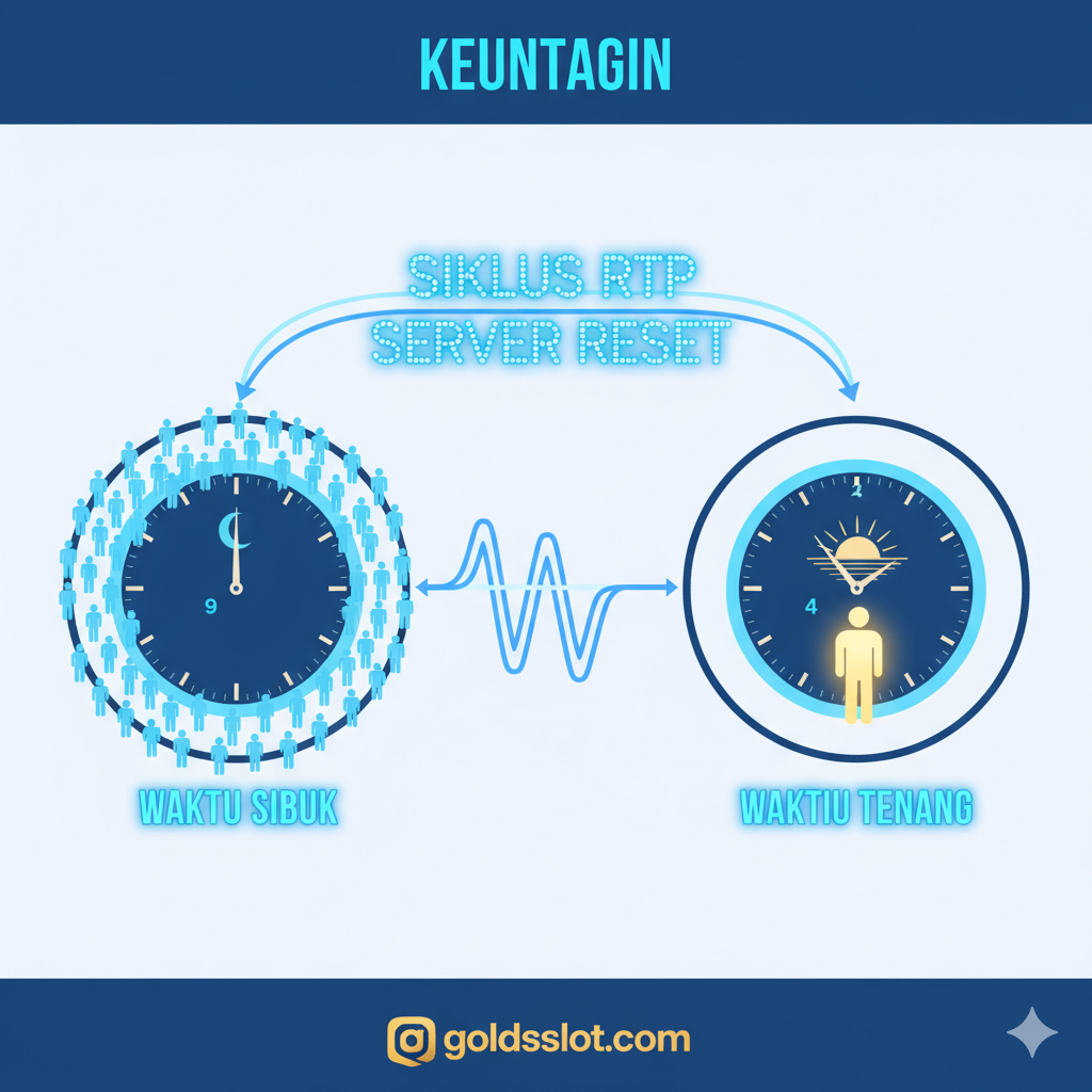 Visualisasi keuntungan dari mengetahui 'Time Slot Break PG', yang berfokus pada konsep RTP dan siklus server. Tampilkan dua lingkaran jam, satu di waktu ramai (malam) dengan banyak pemain kecil, dan satu di waktu sepi (subuh/pagi) dengan hanya satu pemain besar, mengimplikasikan potensi hadiah tidak terbagi. Sertakan teks 'RTP CYCLE' dan 'SERVER RESET' yang menyala. Gunakan palet warna biru dan putih yang profesional, meniru tampilan antarmuka game slot yang bersih untuk menonjolkan aspek teknis dan analitis dari strategi ini.