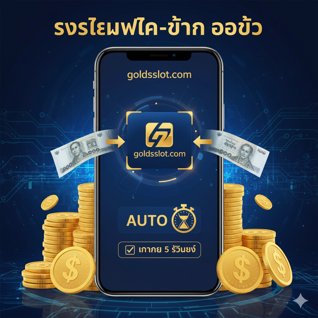 ภาพเน้นย้ำระบบฝาก-ถอน ออโต้ของ goldsslot.com โดยแสดงหน้าจอโทรศัพท์ที่มีลูกศรเคลื่อนที่เร็วจากธนาคารไปยังบัญชี goldsslot.com พร้อมตัวจับเวลาแสดง 'น้อยกว่า 15 วินาที'