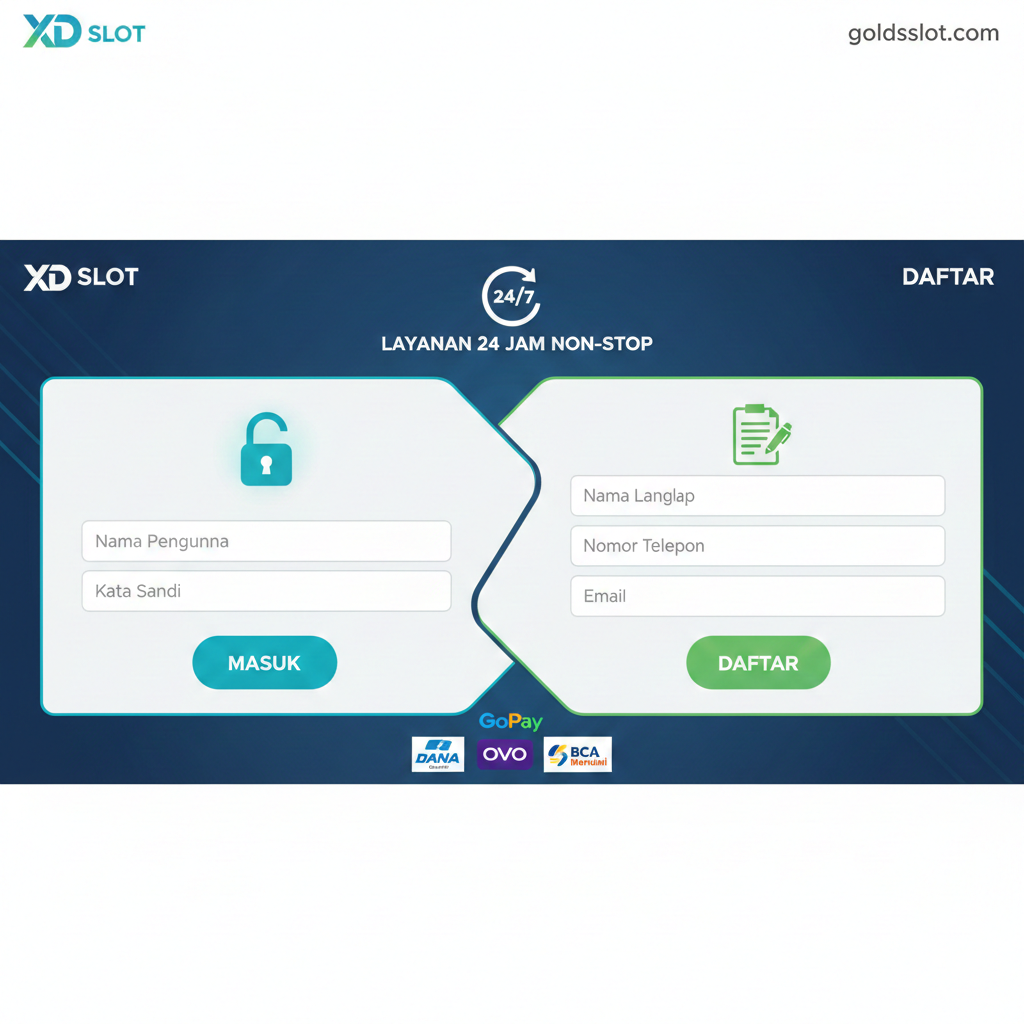 Visual yang berfokus pada kemudahan akses dan layanan 24 jam. Gambarkan dua panel terpisah yang menyatu: satu panel bertema 'LOGIN' dan panel lainnya 'DAFTAR'. Gunakan ikon kunci dan formulir pendaftaran yang disederhanakan. Sorot elemen E-Wallet (Dana, OVO, GoPay) dan logo bank lokal Indonesia (BCA, Mandiri) dengan kontras yang jelas. Sertakan jam digital atau simbol jam yang menunjukkan '24/7' atau '24 Jam Non-Stop'. Gaya harus bersih, informatif, dan menginspirasi kepercayaan, dengan aksen warna biru atau hijau yang menenangkan untuk memvisualisasikan keandalan dan kecepatan sistem.