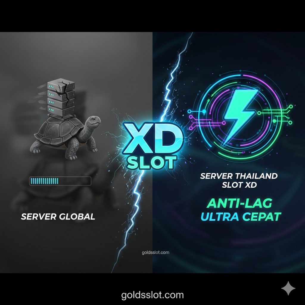 Ilustrasi komparasi yang menyoroti keunggulan XD Slot dibandingkan kompetitor. Bagian tengah didominasi oleh ikon XD Slot yang menonjol. Di satu sisi, tunjukkan simbol server global yang lambat (ikon penyu atau loading bar) dengan latar belakang buram. Di sisi lain, fokuskan pada 'Server Thailand Slot XD' dengan ikon kecepatan, petir, atau jalur data yang super cepat dan mulus. Gunakan warna-warna cerah dan dinamis (seperti neon biru atau hijau) untuk server XD Slot, dengan label 'ANTI-LAG' atau 'ULTRA CEPAT' yang jelas. Konsepnya harus menyampaikan stabilitas dan performa yang unggul.