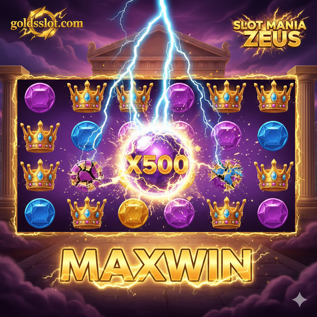 Fokus pada fitur utama permainan, yaitu Multiplier Petir. Gambar ini harus menampilkan layar slot 6x5 yang penuh dengan simbol permata atau mahkota emas. Sorot secara spesifik simbol Multiplier berbentuk bola petir yang nilainya menunjukkan 'X500' di tengah layar. Skema warna harus didominasi oleh emas, ungu, dan biru elektrik. Tambahkan animasi petir yang menyambar dari langit (melambangkan Zeus) ke simbol Multiplier, menunjukkan kemenangan besar (Maxwin). Komposisi close-up pada momen kemenangan untuk menciptakan sensasi kegacoran.